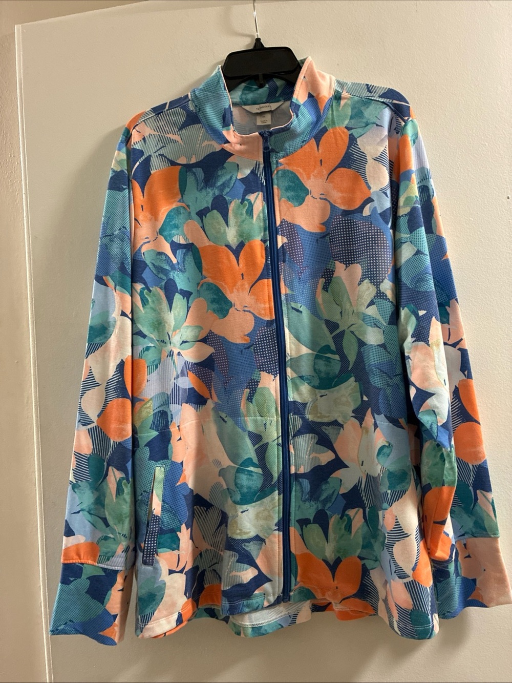 CJ Banks Teal, Blue & Coral Floral Zip-Up Activewear